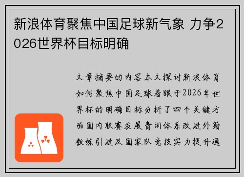 新浪体育聚焦中国足球新气象 力争2026世界杯目标明确